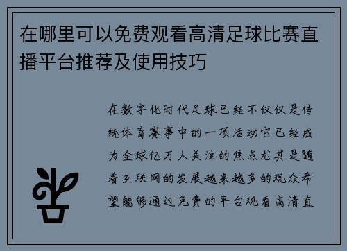 在哪里可以免费观看高清足球比赛直播平台推荐及使用技巧